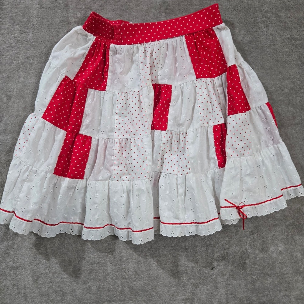 Square Up Fashions Skirt Womens Medium Red Heart Eyelet Patchwork Tiered Vintage